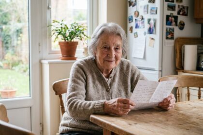 Femme âgée lisant une lettre dans sa cuisine chaleureuse