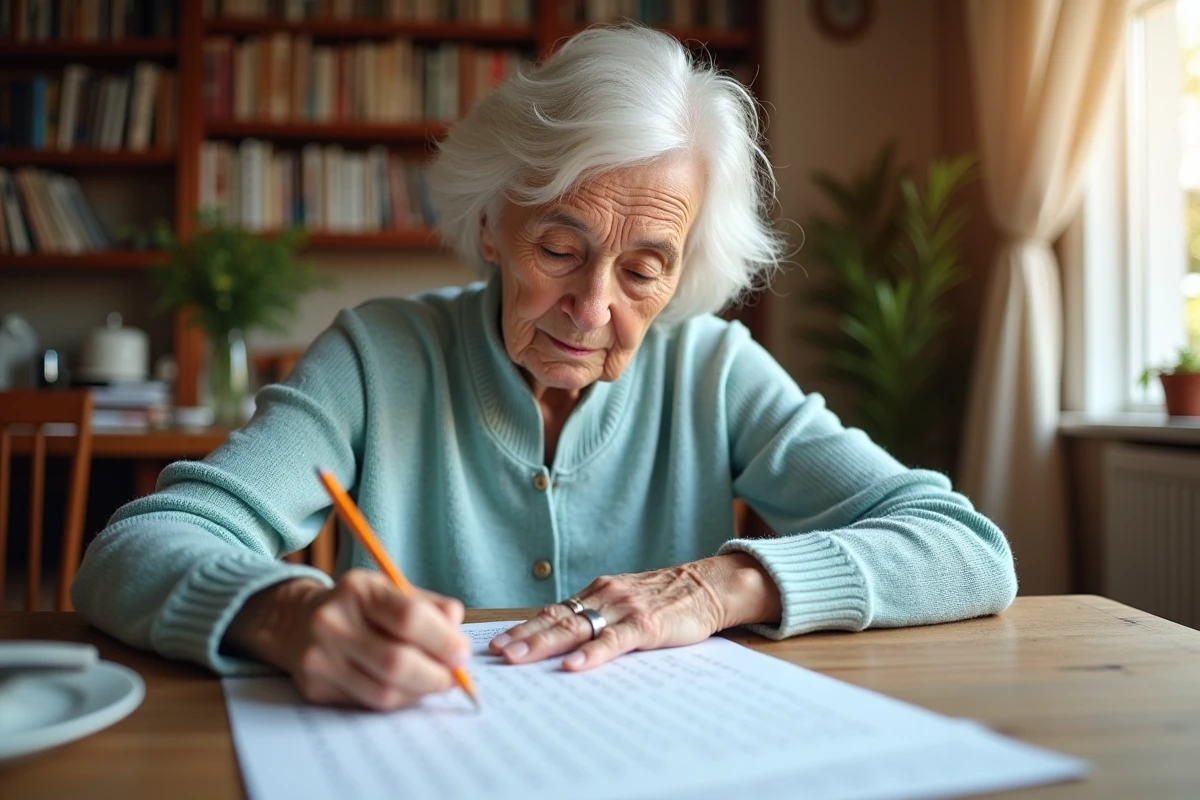 Femme âgée concentrée sur une grille de mots mêlés imprimée en grands caractères, assise à une table en bois dans une cuisine chaleureuse