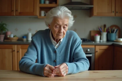 Femme agee en cardigan bleu concentrée en cuisine