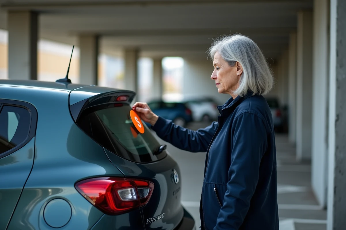 Femme âgée apposant le macaron S senior sur sa voiture dans un parking urbain, expression contrariée