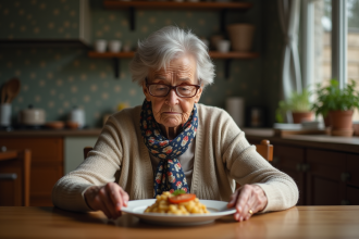 Femme agee souriante repoussant une assiette dans une cuisine chaleureuse