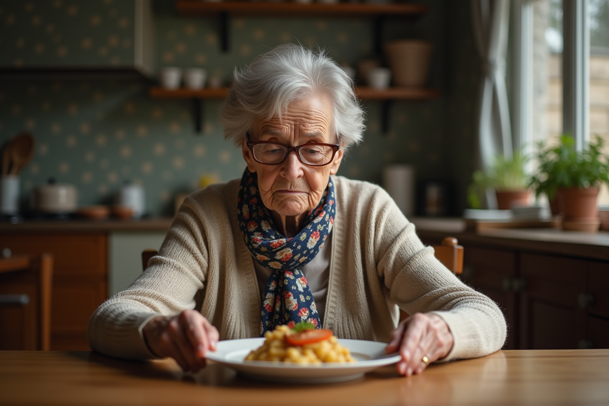 Femme agee souriante repoussant une assiette dans une cuisine chaleureuse