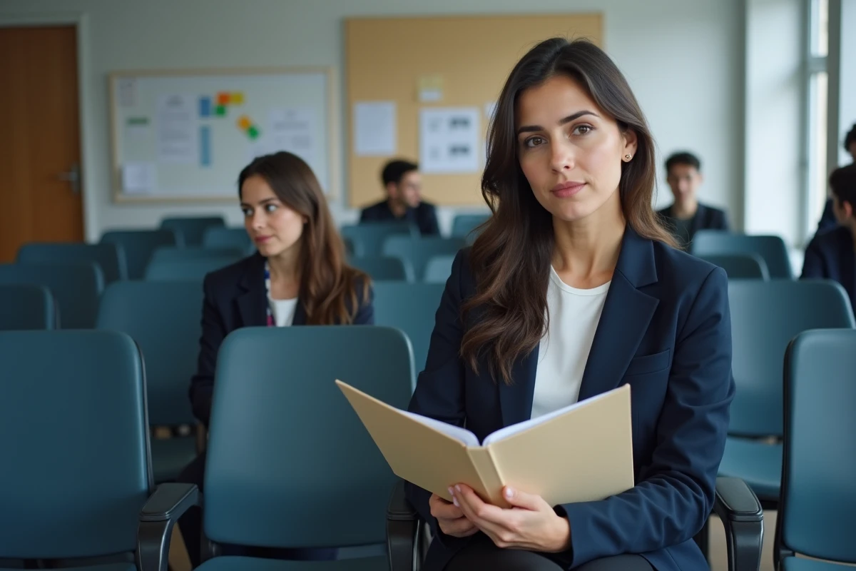 Femme en salle d'attente d'une agence pour l'emploi avec des documents administratifs liés à ses droits à la retraite complémentaire pendant le chômage