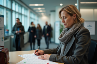 Femme assise remplissant des formulaires d'aide aux transports