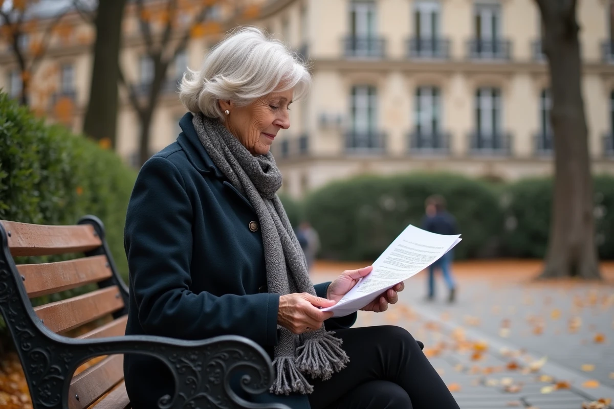 Femme d'une soixantaine lisant une lettre de pension dans un parc parisien