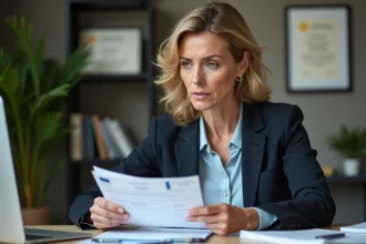 Femme d'affaires lisant documents de pension en bureau