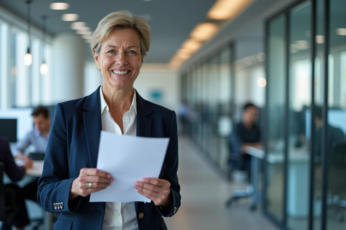 Femme cadre relisant sa lettre de demande de départ en retraite dans un bureau administratif moderne