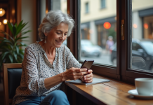 Téléphones à clapet : surfent-ils sur Internet ? Caractéristiques et usages Femme d'âge moyen utilisant un smartphone dans un café