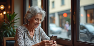 Téléphones à clapet : surfent-ils sur Internet ? Caractéristiques et usages Femme d'âge moyen utilisant un smartphone dans un café