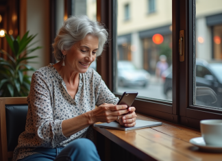 Téléphones à clapet : surfent-ils sur Internet ? Caractéristiques et usages Femme d'âge moyen utilisant un smartphone dans un café