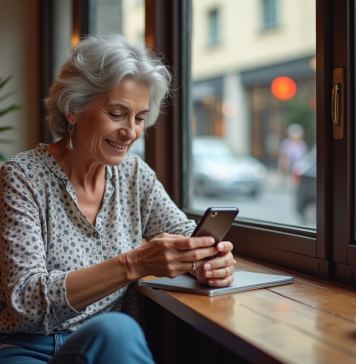 Femme d'âge moyen utilisant un smartphone dans un café