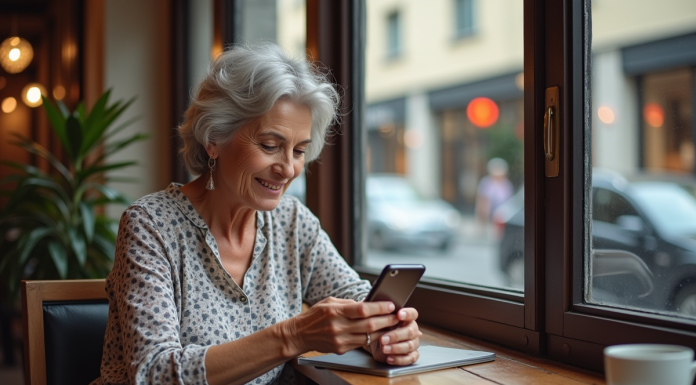 Téléphones à clapet : surfent-ils sur Internet ? Caractéristiques et usages Femme d'âge moyen utilisant un smartphone dans un café
