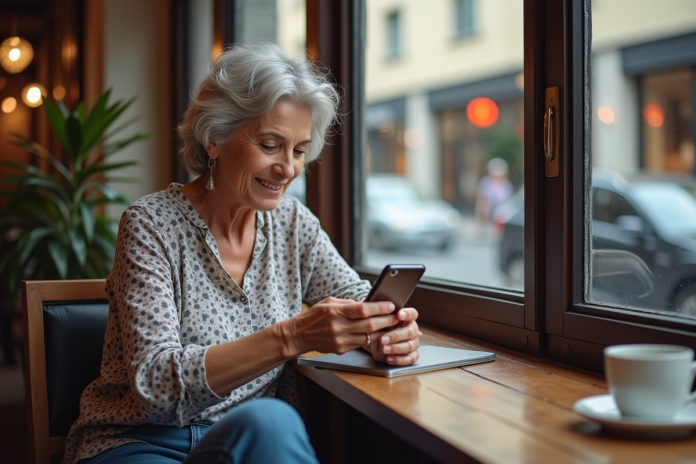 femme-cafe-internet-smartphone Femme d'âge moyen utilisant un smartphone dans un café