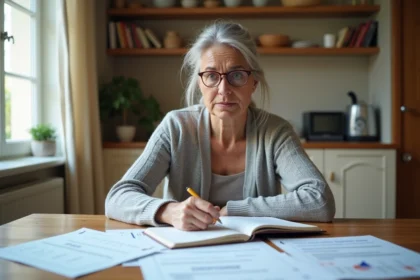 Femme de 58 ans vérifiant ses relevés de retraite et calculant ses trimestres à la table de sa cuisine