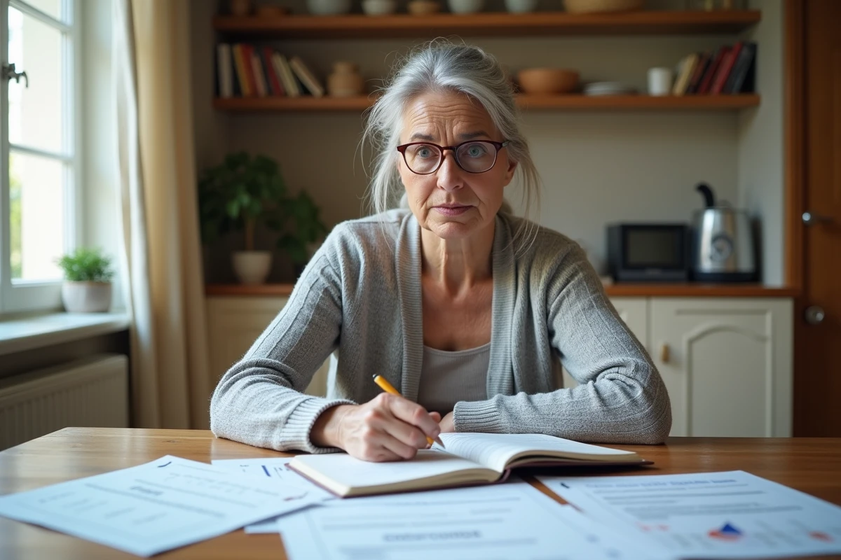 Femme de 58 ans vérifiant ses relevés de retraite et calculant ses trimestres à la table de sa cuisine