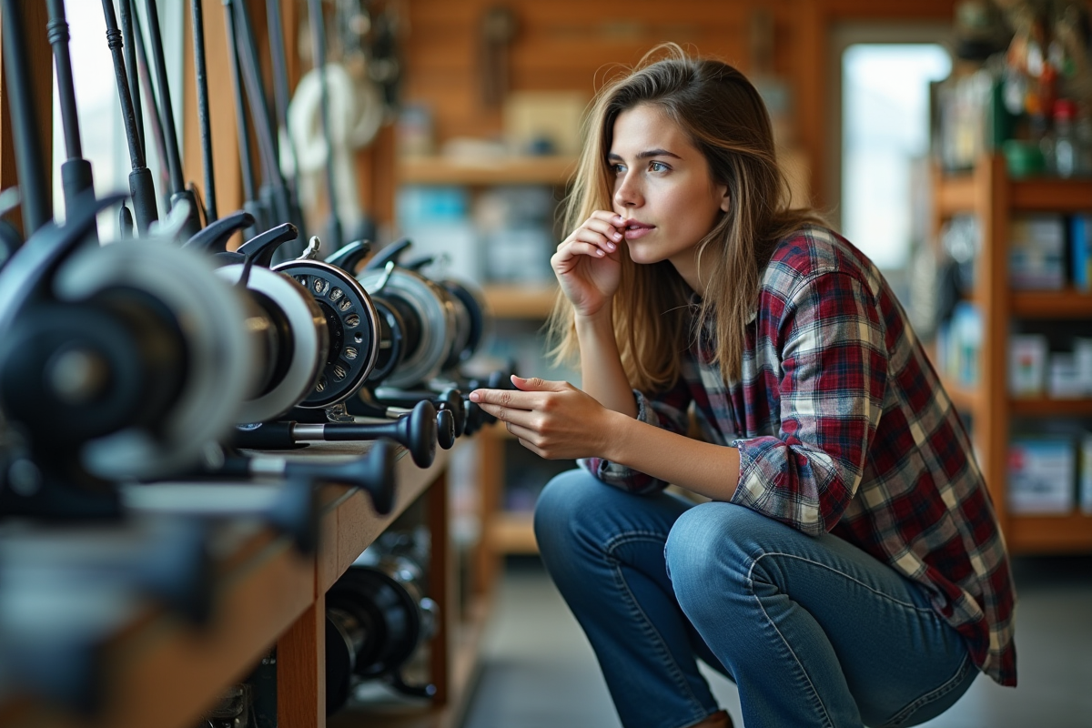 Jeune femme choisissant un moulinet dans un magasin de pêche
