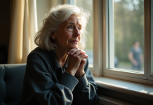 Femme contemplative assise près d'une fenêtre lumineuse