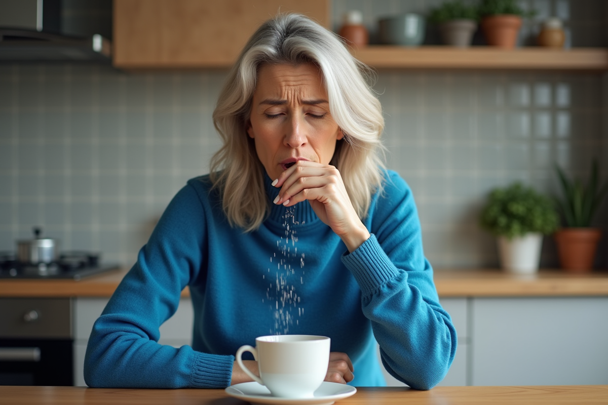 Femme d'âge moyen toussant dans une cuisine moderne