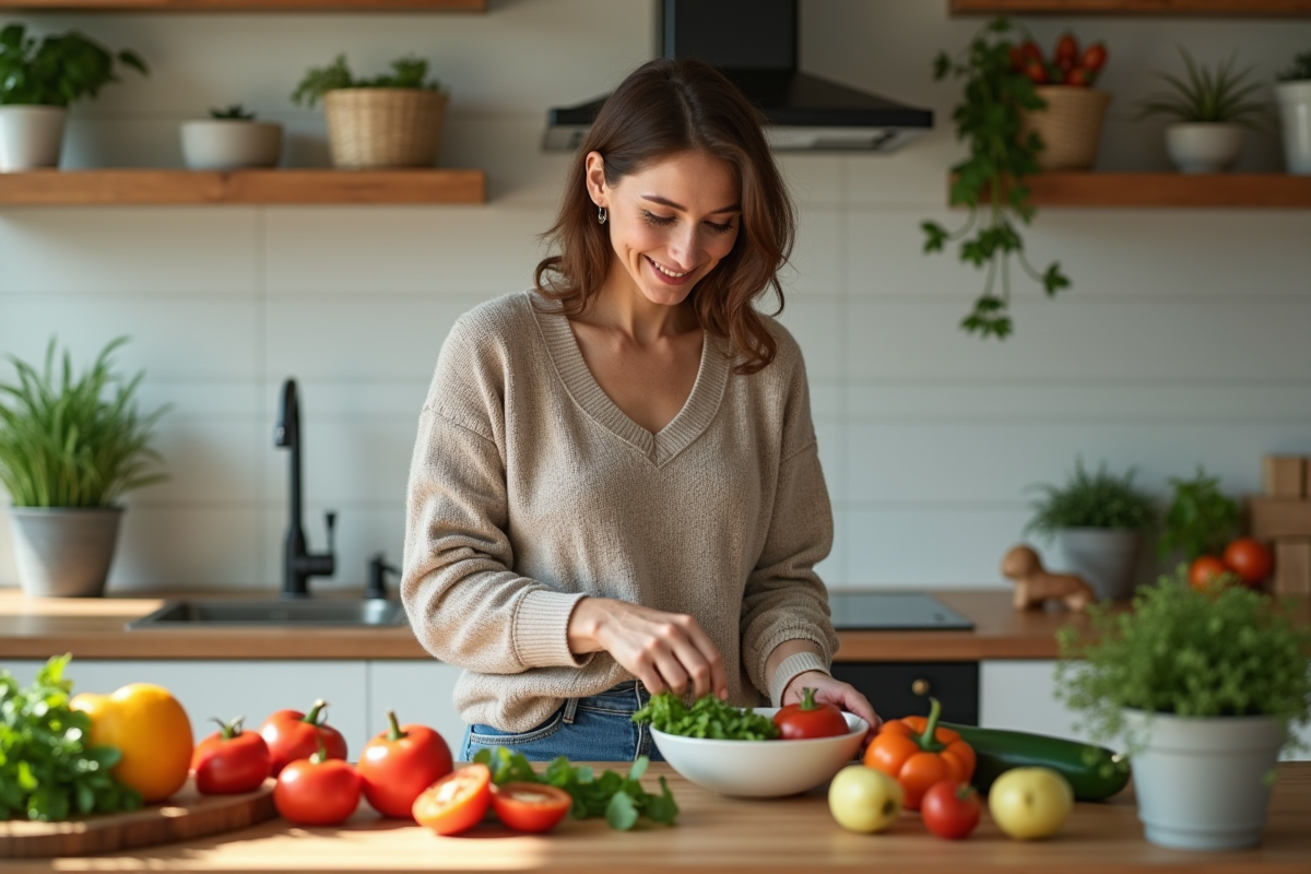 Femme préparant un repas sain dans la cuisine