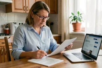 Femme consultant des documents administratifs pour sa demande de chèque-vacances Agirc-Arrco à son domicile