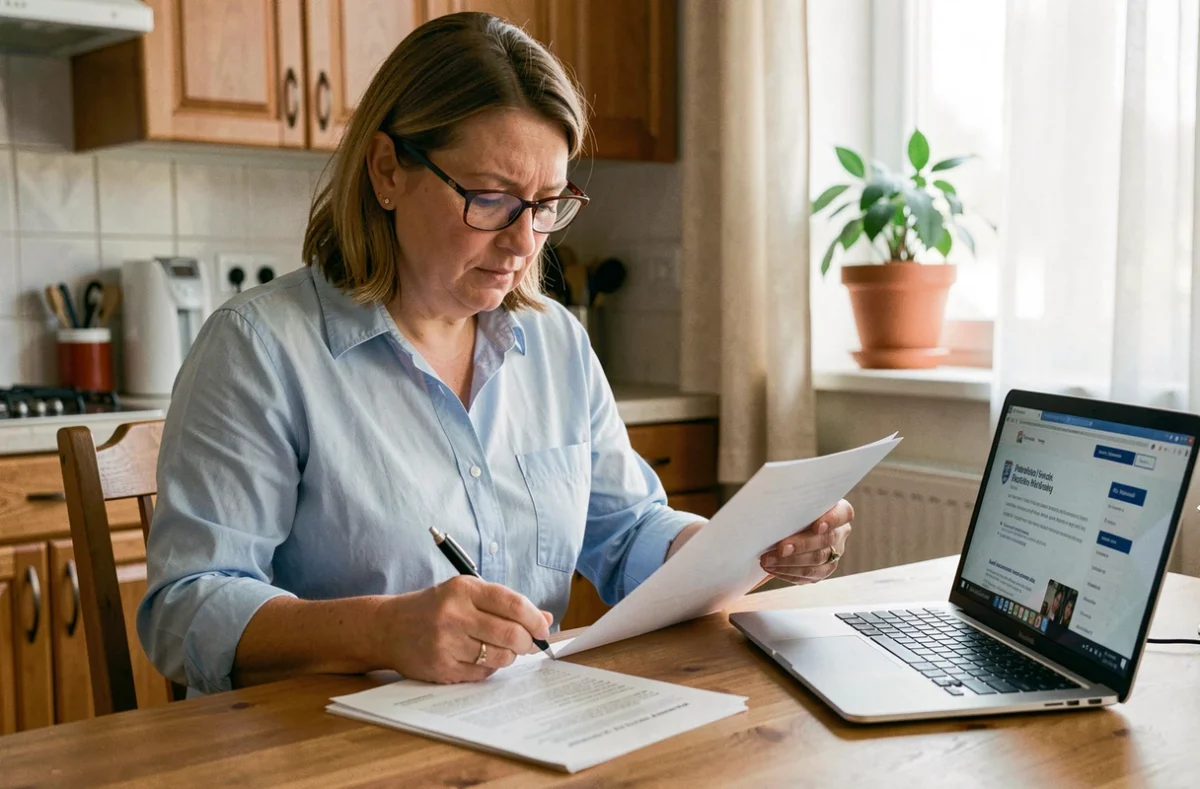 Femme consultant des documents administratifs pour sa demande de chèque-vacances Agirc-Arrco à son domicile
