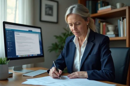 Femme consultant des documents administratifs liés au capital décès et aux aides de la CPAM à son bureau
