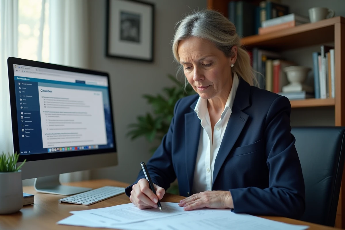 Femme consultant des documents administratifs liés au capital décès et aux aides de la CPAM à son bureau