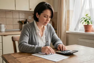 Femme consultant des documents financiers et une calculatrice à la table de sa cuisine, réfléchissant aux plafonds de revenus de l'AAH