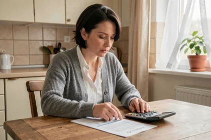 Femme consultant des documents financiers et une calculatrice à la table de sa cuisine, réfléchissant aux plafonds de revenus de l'AAH