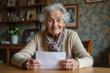 Femme âgée lit une lettre avec un sourire doux