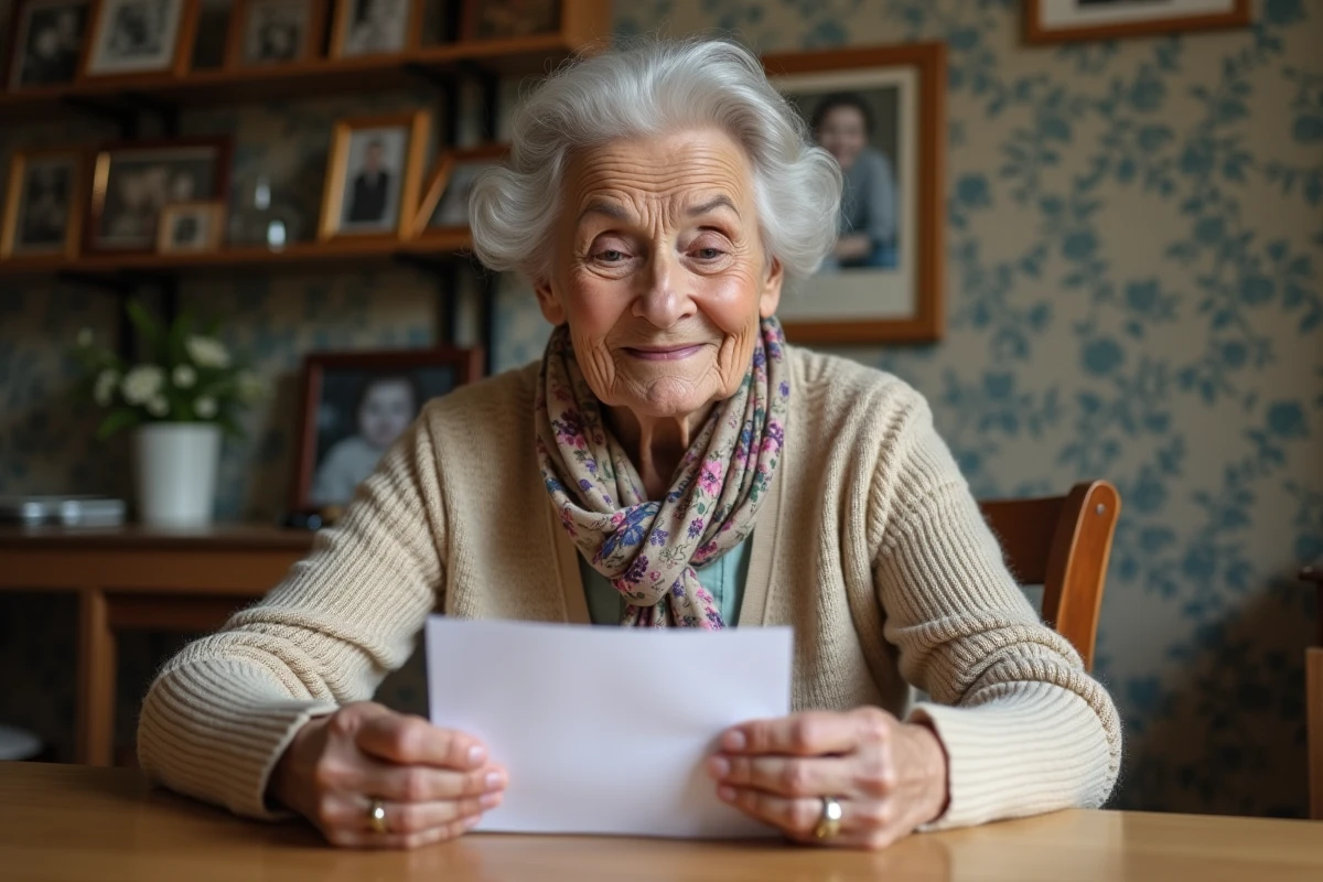 Femme âgée lit une lettre avec un sourire doux