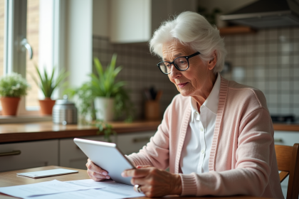 Femme âgée en cardigan consulte des documents de déduction fiscale