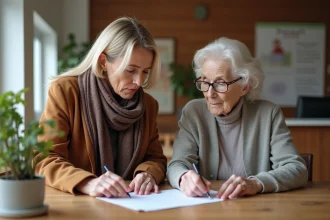 Femme inquiète aidant sa mère à remplir un dossier d'admission