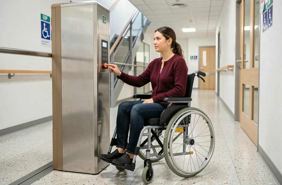 Femme en fauteuil roulant utilisant un élévateur PMR à l'intérieur d'un ERP accessible