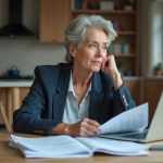 Retraite 2025 : Comment optimiser ses finances pour éviter la diminution ? Femme d'âge moyen réfléchissant à ses finances à la maison