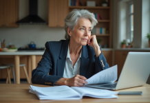 Retraite 2025 : Comment optimiser ses finances pour éviter la diminution ? Femme d'âge moyen réfléchissant à ses finances à la maison