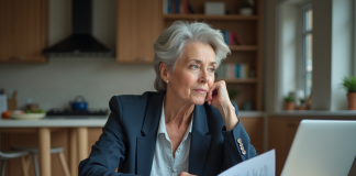 Femme d'âge moyen réfléchissant à ses finances à la maison