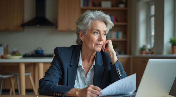 Retraite 2025 : Comment optimiser ses finances pour éviter la diminution ? Femme d'âge moyen réfléchissant à ses finances à la maison
