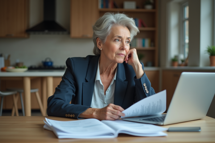 femme-finances-maison Femme d'âge moyen réfléchissant à ses finances à la maison