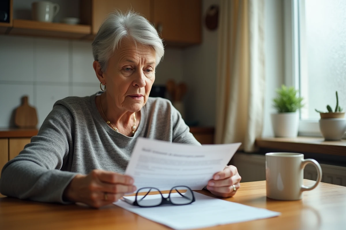 Femme en situation de handicap lisant un courrier officiel concernant ses droits à la retraite invalidité à domicile