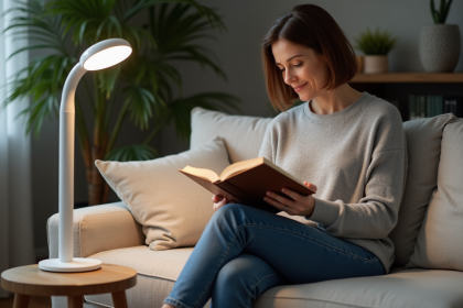 Femme assise près d'une lampe de luminotherapie dans un salon