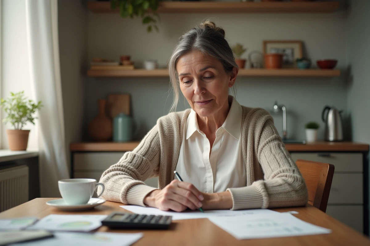 Femme d'âge moyen concentrée sur ses papiers à la maison