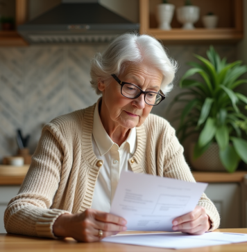 Femme âgée lisant des papiers dans une cuisine chaleureuse