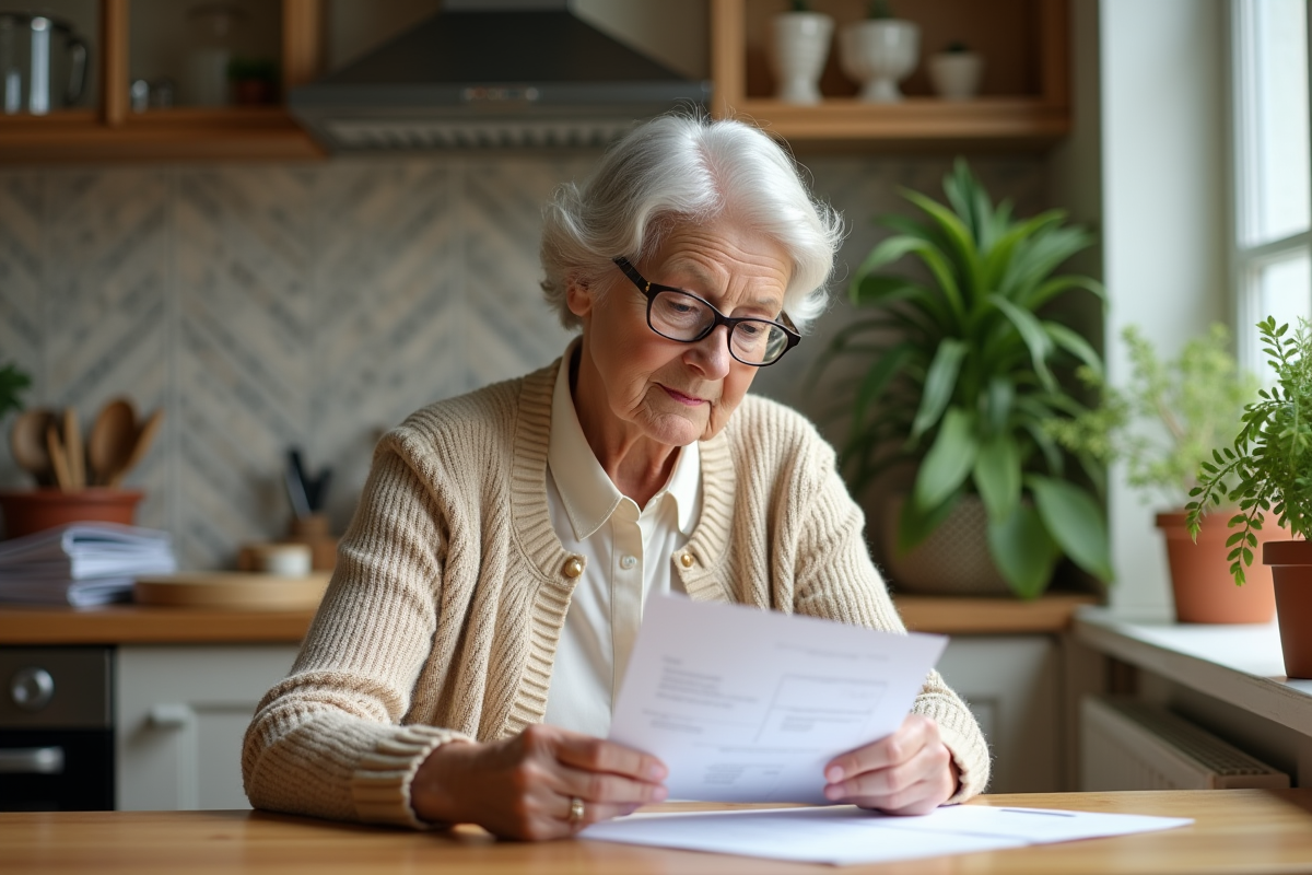 Femme âgée lisant des papiers dans une cuisine chaleureuse