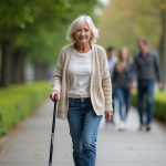 Mal au genou : marche efficacement avec une canne en toute facilité ! Femme d'âge moyen marche avec confiance avec une canne moderne
