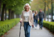 Mal au genou : marche efficacement avec une canne en toute facilité ! Femme d'âge moyen marche avec confiance avec une canne moderne