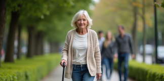 Mal au genou : marche efficacement avec une canne en toute facilité ! Femme d'âge moyen marche avec confiance avec une canne moderne