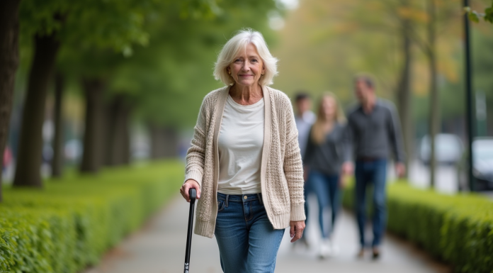 Femme d'âge moyen marche avec confiance avec une canne moderne
