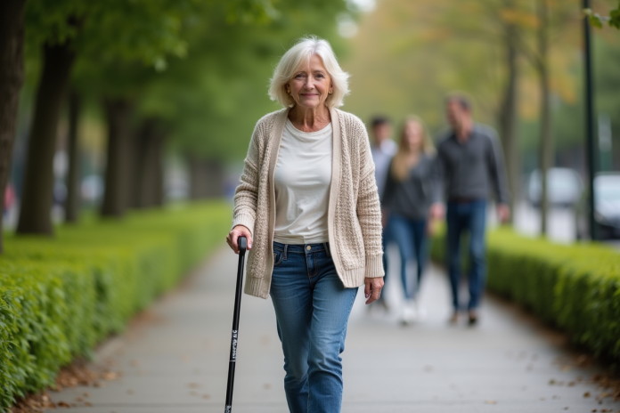 Femme d'âge moyen marche avec confiance avec une canne moderne