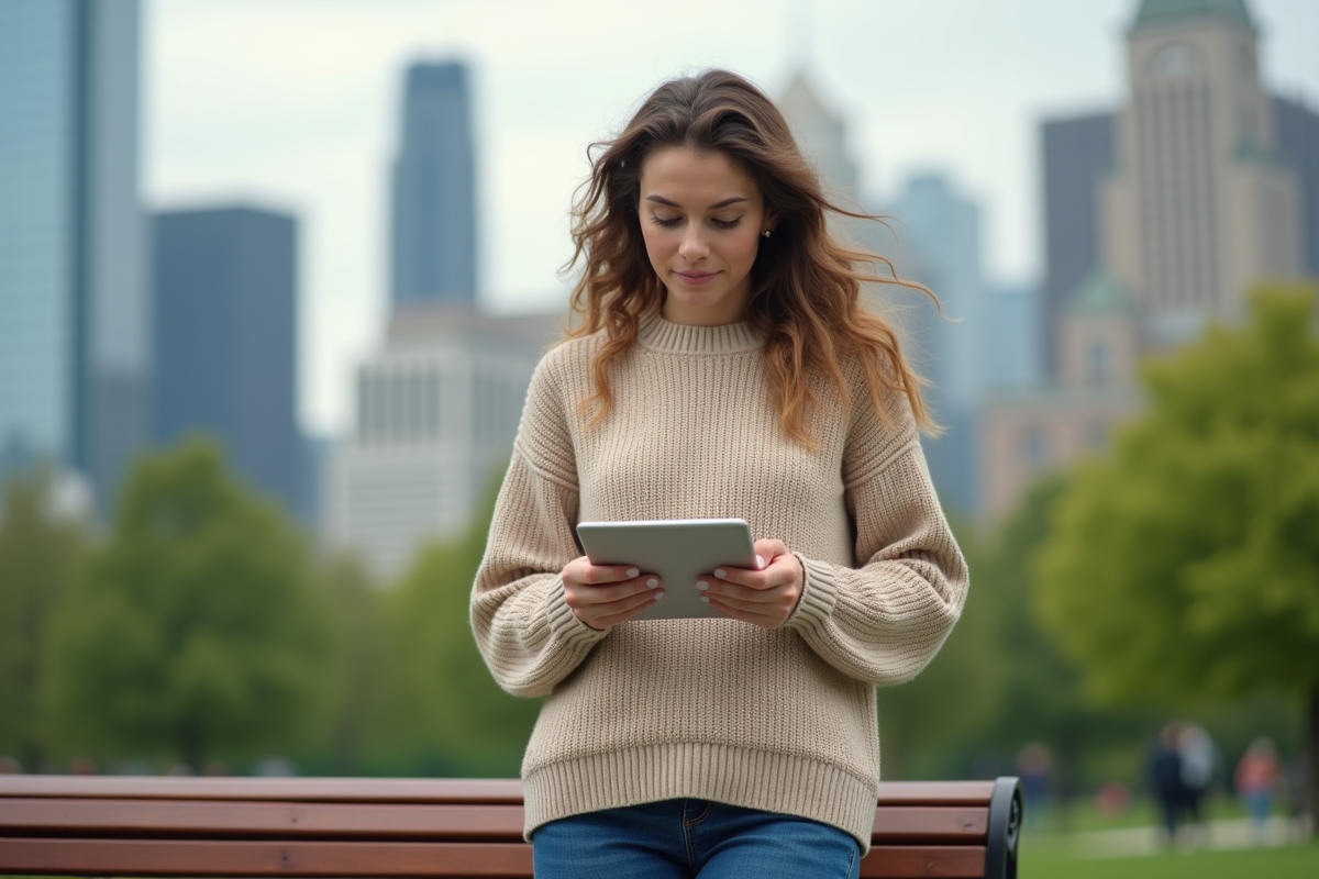 Femme assise dans un parc utilisant une tablette pour comparer